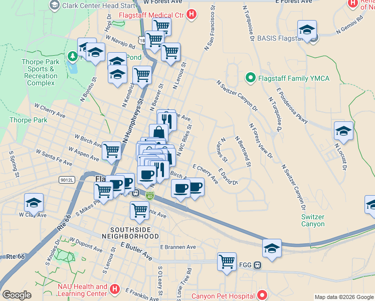 map of restaurants, bars, coffee shops, grocery stores, and more near 202 East Dale Avenue in Flagstaff