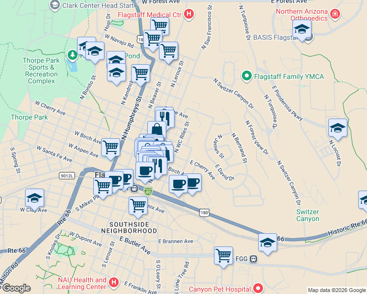 map of restaurants, bars, coffee shops, grocery stores, and more near 202 East Dale Avenue in Flagstaff