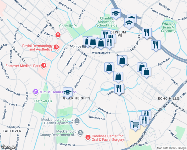 map of restaurants, bars, coffee shops, grocery stores, and more near 342 Skyland Avenue in Charlotte