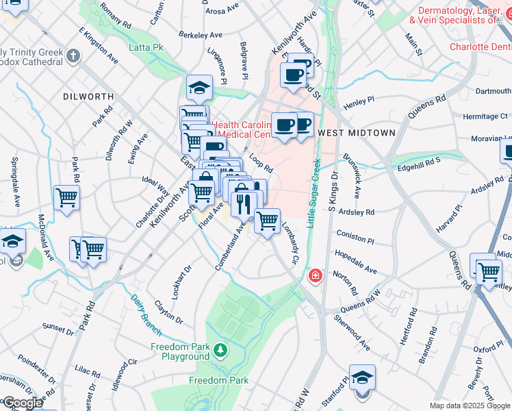 map of restaurants, bars, coffee shops, grocery stores, and more near 1716 Garden Terrace in Charlotte