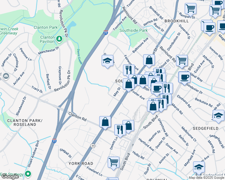 map of restaurants, bars, coffee shops, grocery stores, and more near 3110 May Street in Charlotte