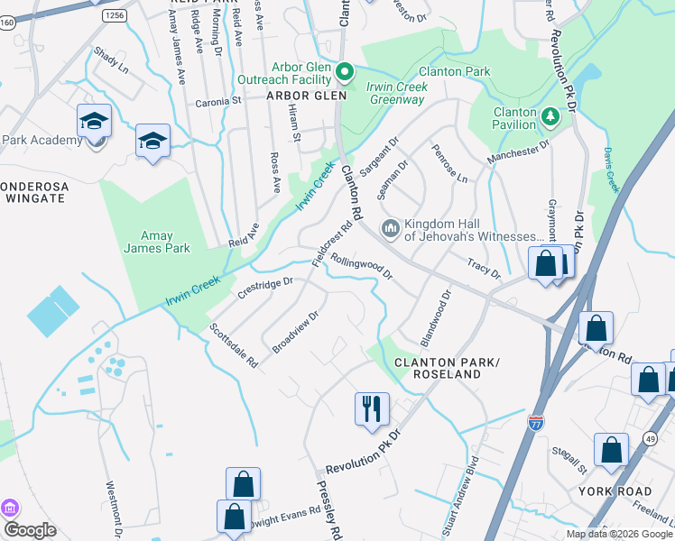 map of restaurants, bars, coffee shops, grocery stores, and more near 1215 Rollingwood Drive in Charlotte