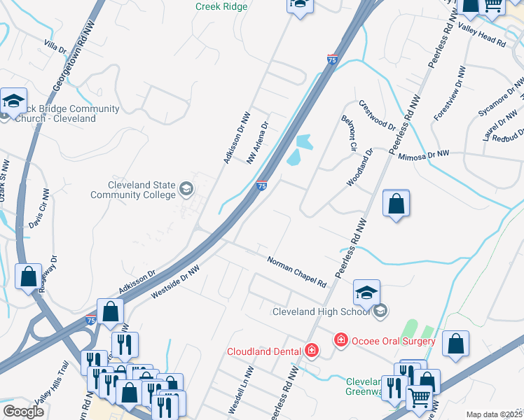map of restaurants, bars, coffee shops, grocery stores, and more near 3430 Westside Drive Northwest in Cleveland
