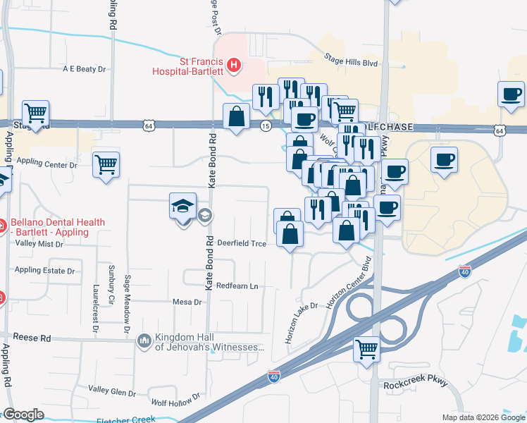 map of restaurants, bars, coffee shops, grocery stores, and more near 2744 Deer Glade Lane in Bartlett