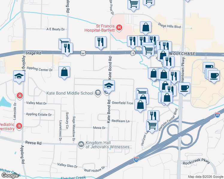 map of restaurants, bars, coffee shops, grocery stores, and more near 2744 Kate Bond Road in Memphis