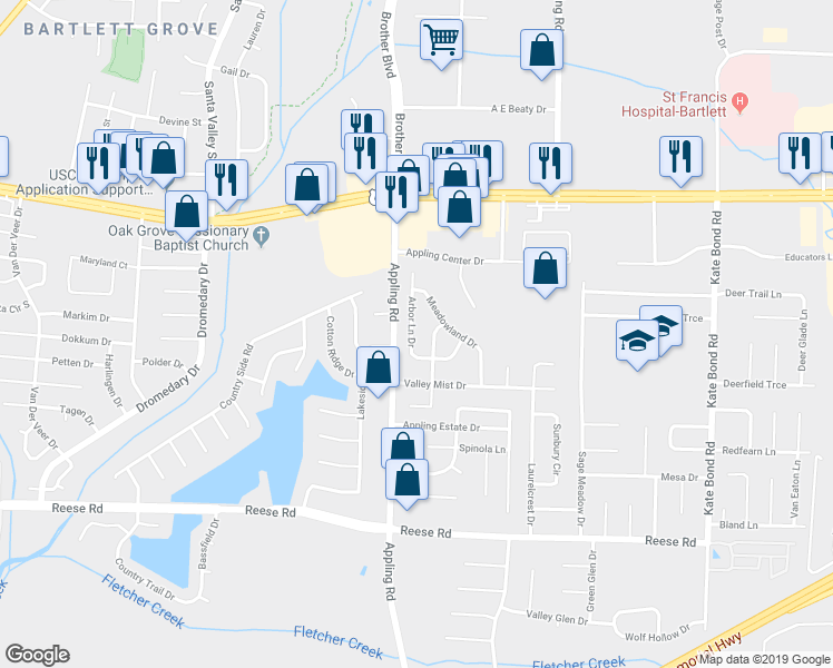 map of restaurants, bars, coffee shops, grocery stores, and more near 2744 Arbor Lane Drive in Memphis