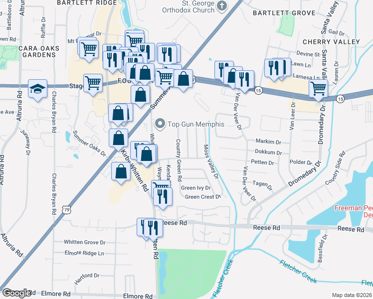 map of restaurants, bars, coffee shops, grocery stores, and more near 2750 Rambling Brook Drive in Memphis