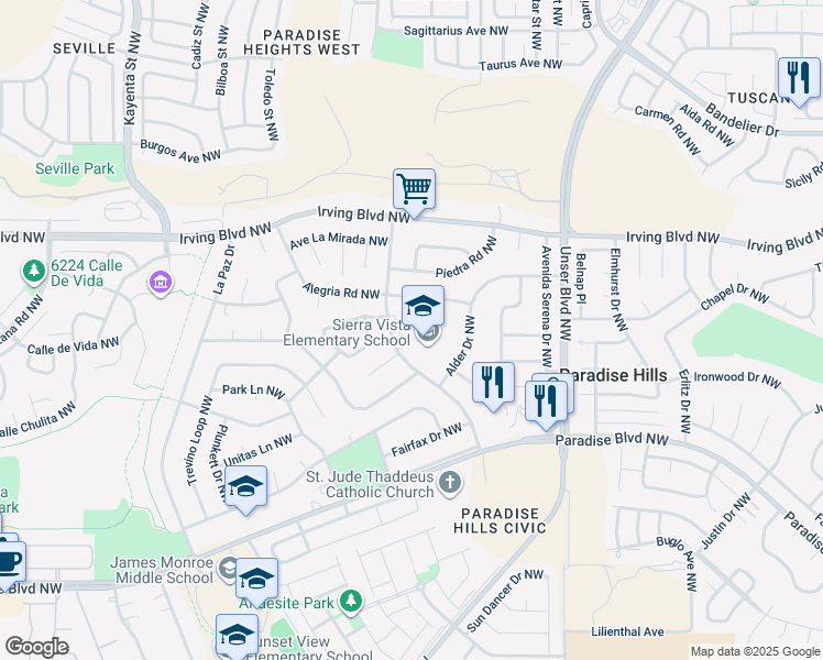 map of restaurants, bars, coffee shops, grocery stores, and more near 10220 Paseo Del Norte Northwest in Albuquerque