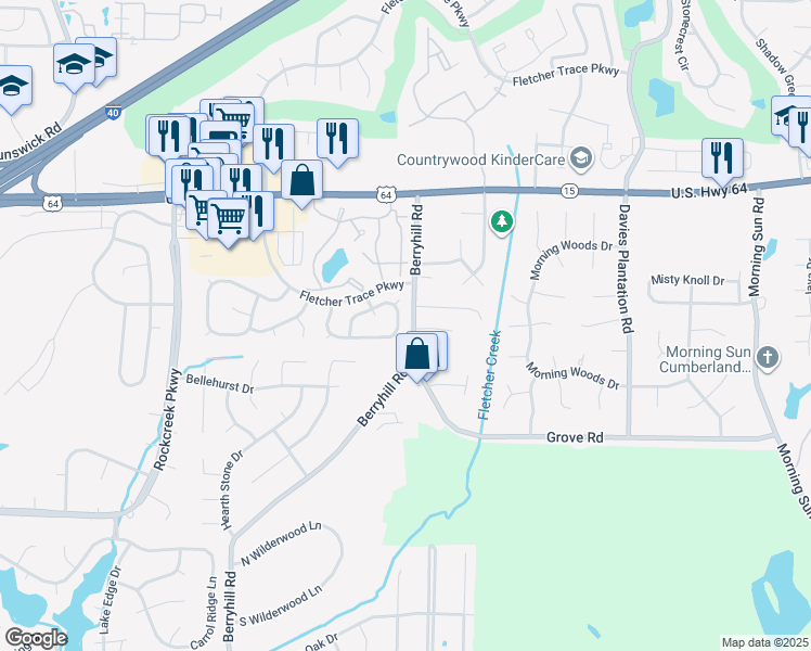 map of restaurants, bars, coffee shops, grocery stores, and more near 9272 Fletcher Wood Drive in Memphis