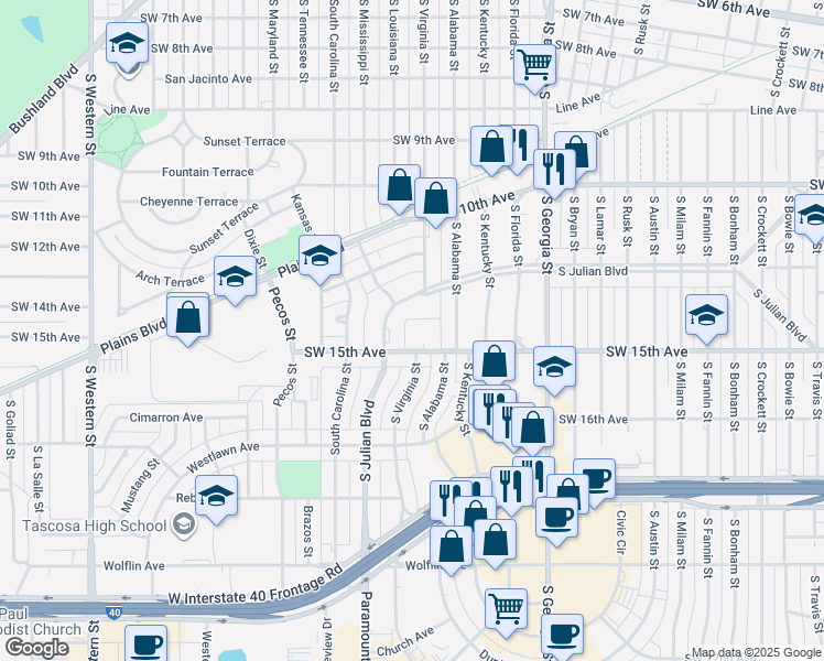 map of restaurants, bars, coffee shops, grocery stores, and more near 3118 Southwest 15th Avenue in Amarillo