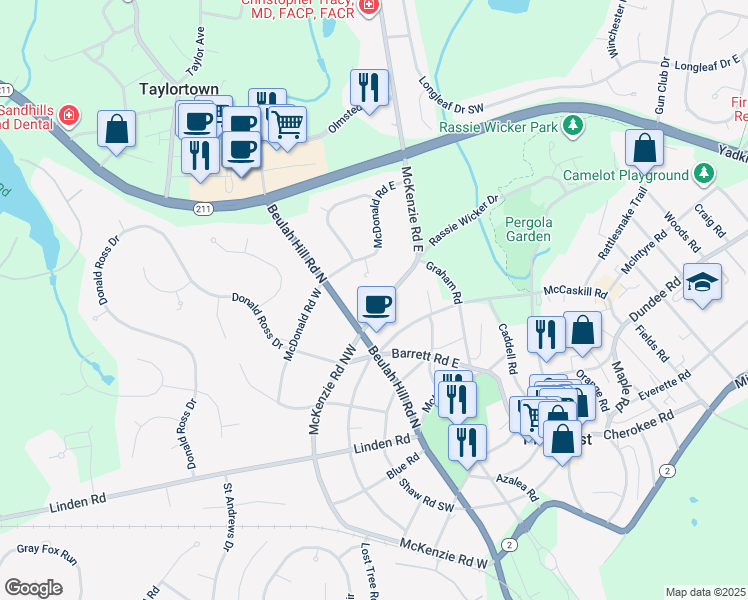 map of restaurants, bars, coffee shops, grocery stores, and more near 25 McKenzie Rd E in Pinehurst