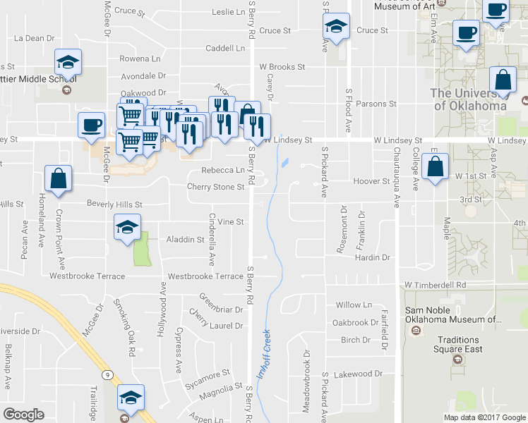 map of restaurants, bars, coffee shops, grocery stores, and more near 1108 Woodrow Court in Norman