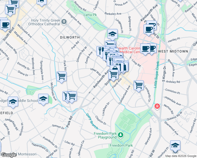 map of restaurants, bars, coffee shops, grocery stores, and more near 2017 Charlotte Dr in Charlotte