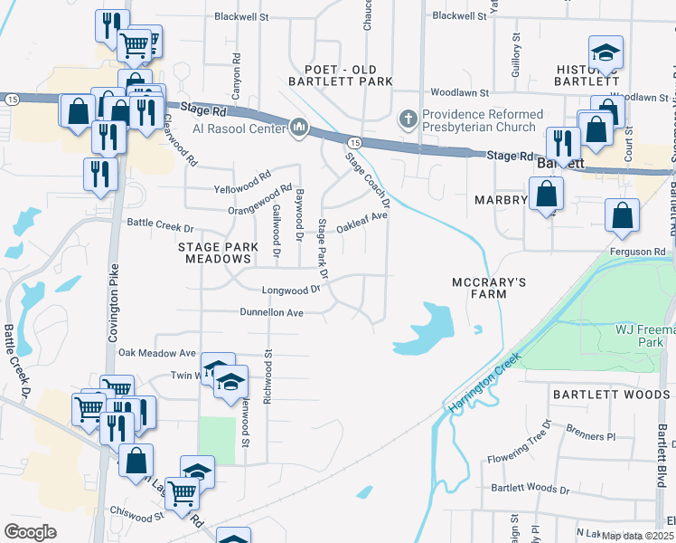map of restaurants, bars, coffee shops, grocery stores, and more near 5372 Longwood Drive in Memphis