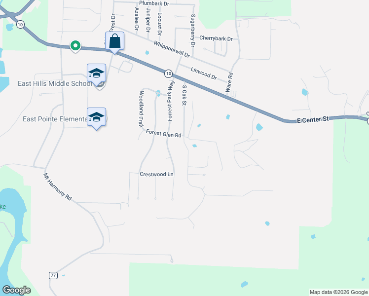 map of restaurants, bars, coffee shops, grocery stores, and more near 1755 Forrest Park Way in Greenwood