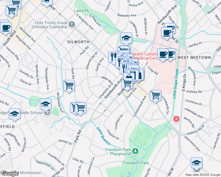 map of restaurants, bars, coffee shops, grocery stores, and more near 2017 Charlotte Drive in Charlotte