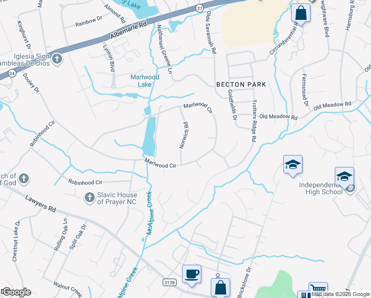 map of restaurants, bars, coffee shops, grocery stores, and more near 1008 Norwich Road in Charlotte