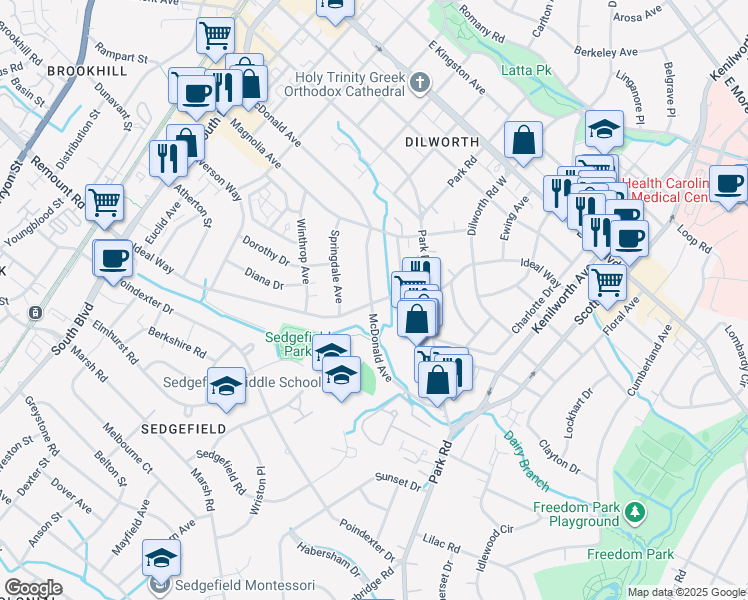 map of restaurants, bars, coffee shops, grocery stores, and more near 829 McDonald Avenue in Charlotte