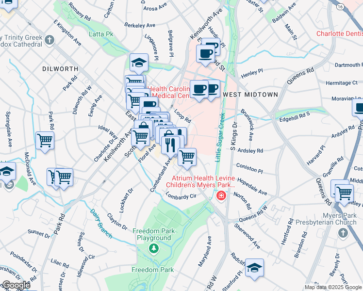 map of restaurants, bars, coffee shops, grocery stores, and more near 1716 Garden Terrace in Charlotte