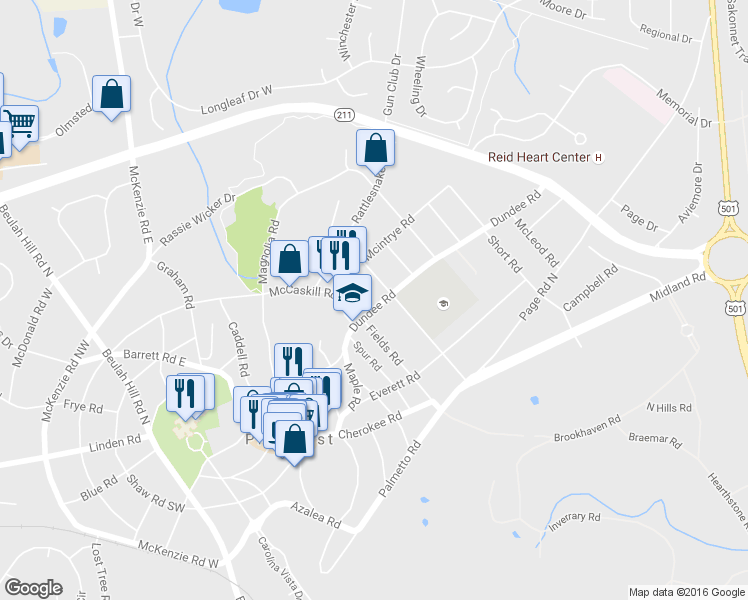map of restaurants, bars, coffee shops, grocery stores, and more near 85 Dundee Road in Pinehurst