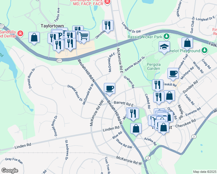 map of restaurants, bars, coffee shops, grocery stores, and more near 25 McKenzie Rd E in Pinehurst