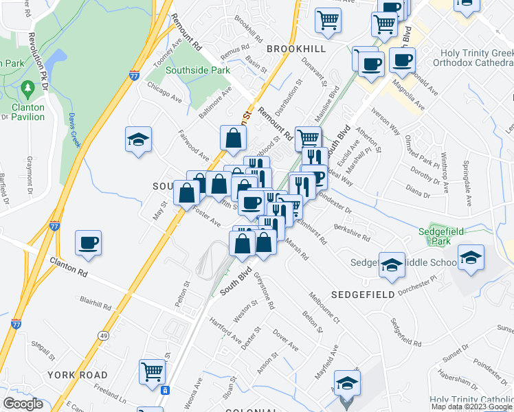 map of restaurants, bars, coffee shops, grocery stores, and more near 2915 Griffith Street in Charlotte