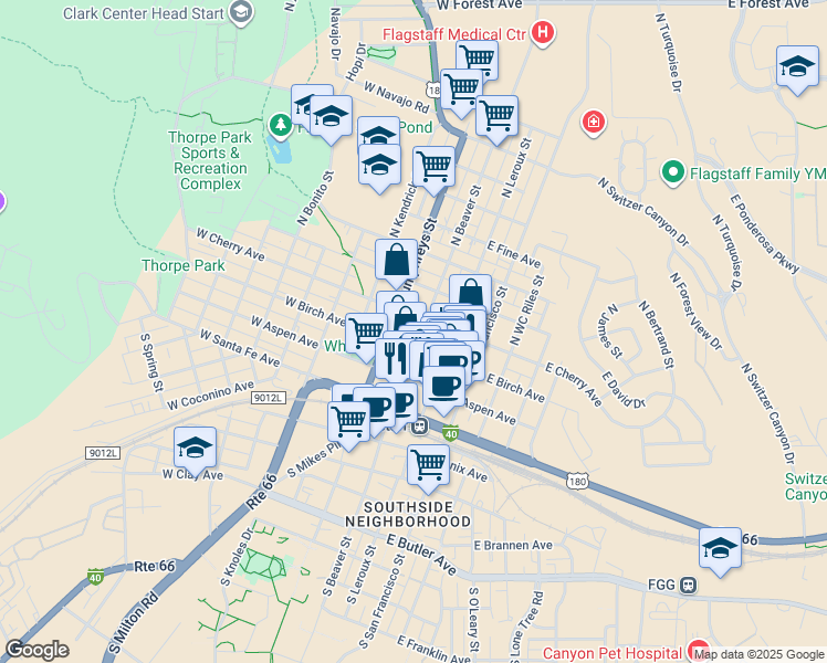 map of restaurants, bars, coffee shops, grocery stores, and more near 213 North Beaver Street in Flagstaff