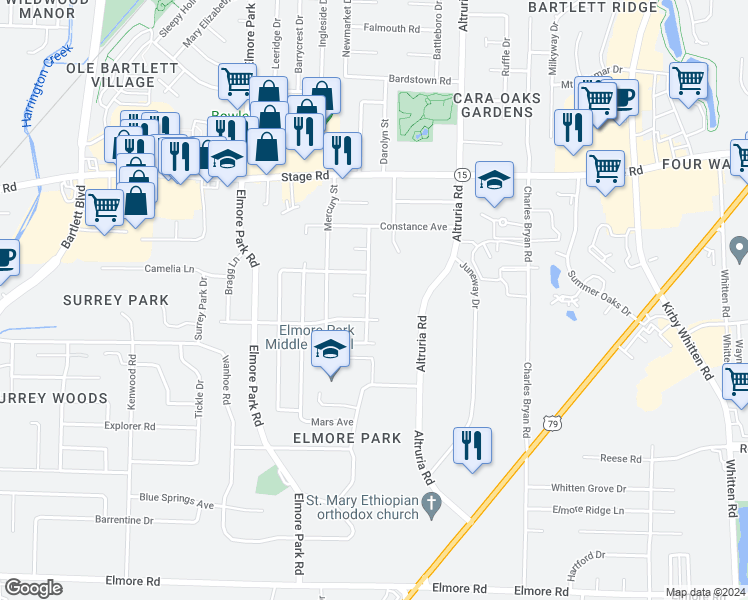 map of restaurants, bars, coffee shops, grocery stores, and more near 2742 North Star Drive in Bartlett