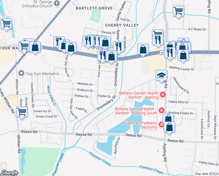 map of restaurants, bars, coffee shops, grocery stores, and more near 7204 Amstel Cove in Memphis