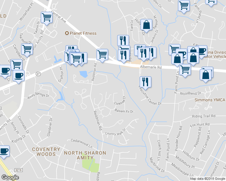 map of restaurants, bars, coffee shops, grocery stores, and more near 6006 Corktree Court in Charlotte