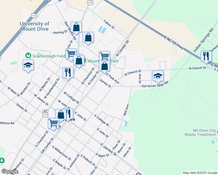 map of restaurants, bars, coffee shops, grocery stores, and more near 627 N Church St in Mt Olive