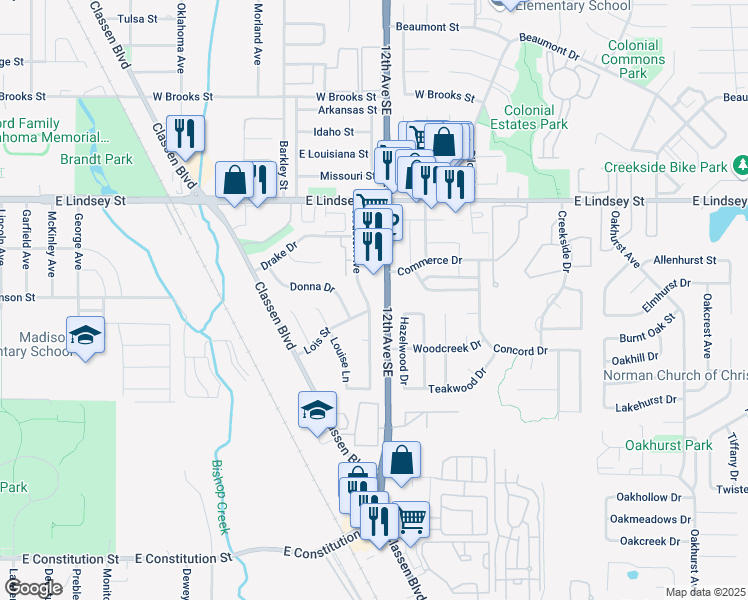 map of restaurants, bars, coffee shops, grocery stores, and more near 1400 12th Avenue Southeast in Norman