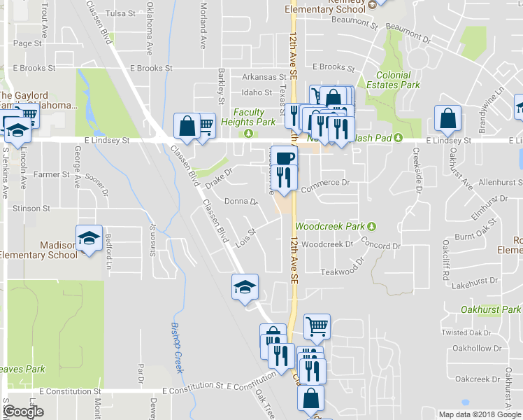 map of restaurants, bars, coffee shops, grocery stores, and more near 2273 Donna Drive in Norman
