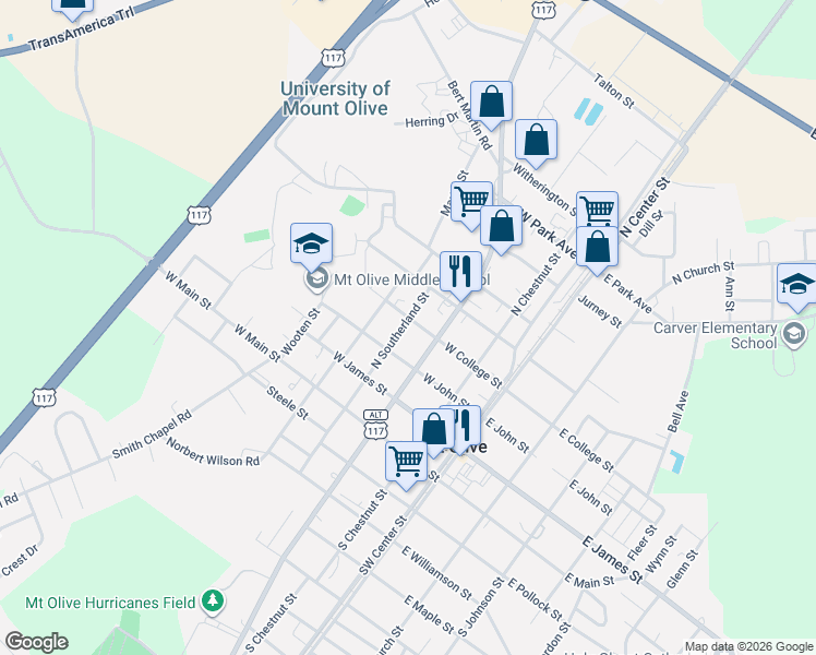 map of restaurants, bars, coffee shops, grocery stores, and more near 308 West College Street in Mount Olive