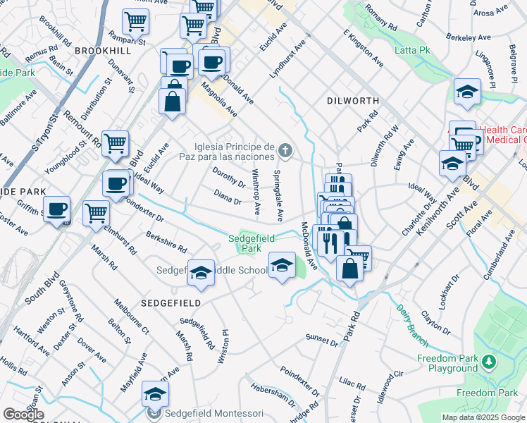 map of restaurants, bars, coffee shops, grocery stores, and more near 2325 Winthrop Avenue in Charlotte