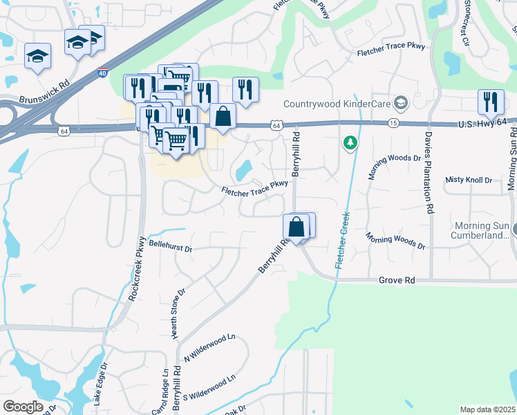 map of restaurants, bars, coffee shops, grocery stores, and more near 9161 Fletcher Wood Drive in Memphis