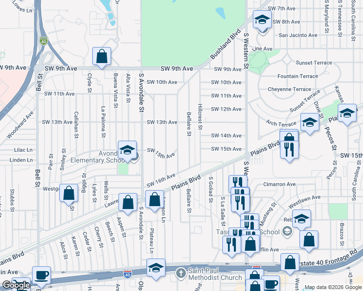 map of restaurants, bars, coffee shops, grocery stores, and more near 1314 Broadmoor Street in Amarillo