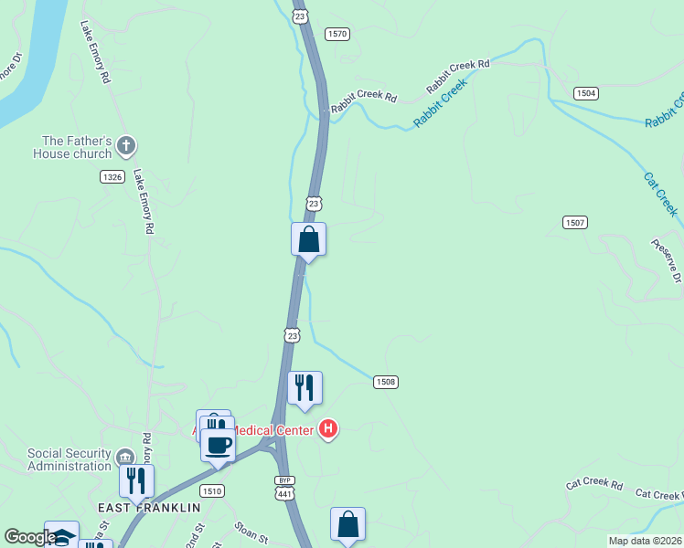 map of restaurants, bars, coffee shops, grocery stores, and more near 4019 Sylva Road in Franklin