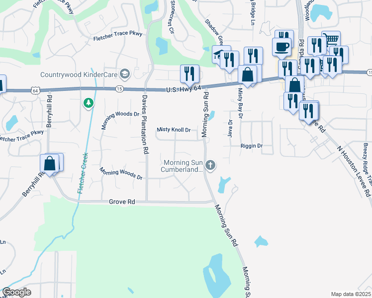map of restaurants, bars, coffee shops, grocery stores, and more near 9600 Shadow Glen Cove in Cordova