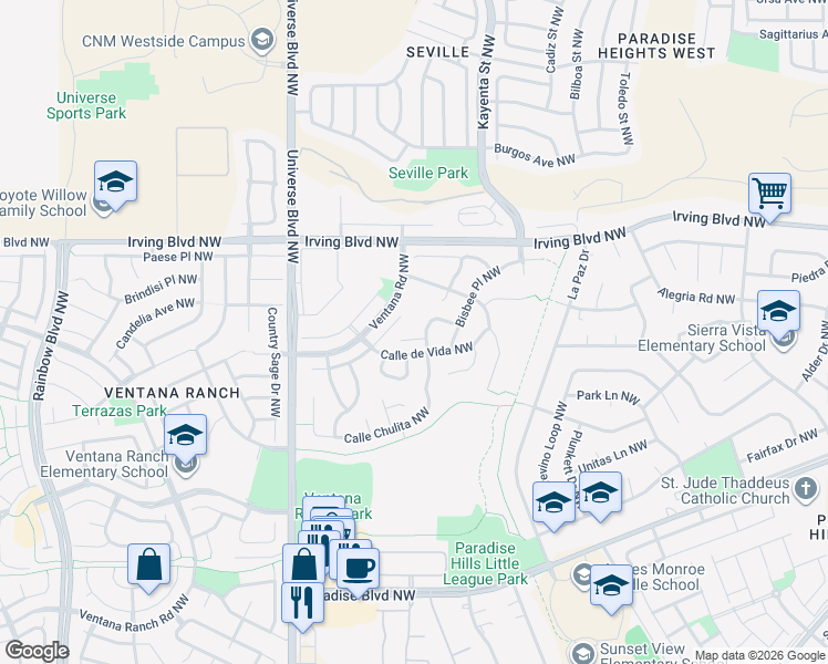map of restaurants, bars, coffee shops, grocery stores, and more near 10424 Calle Hermosa Court Northwest in Albuquerque