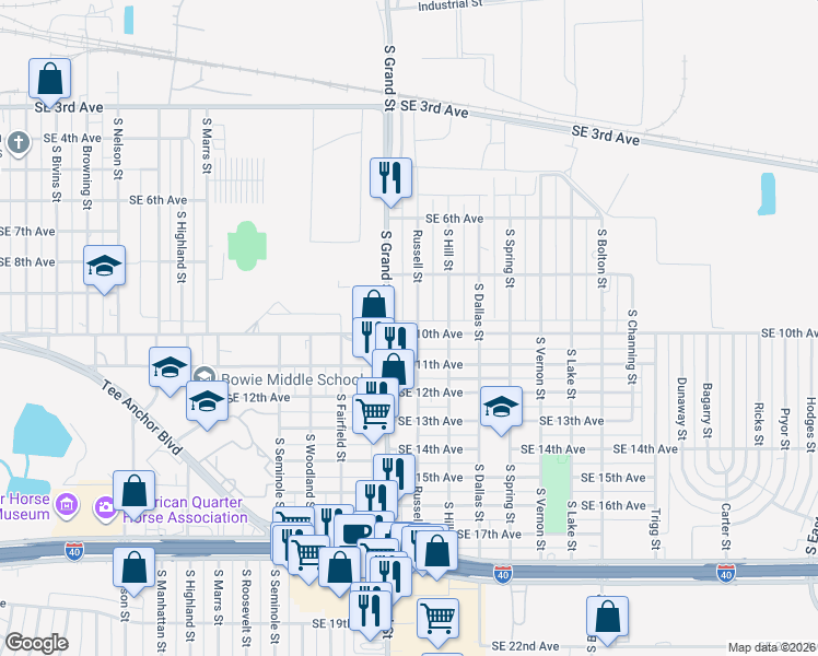 map of restaurants, bars, coffee shops, grocery stores, and more near 3617 Southeast 10th Avenue in Amarillo