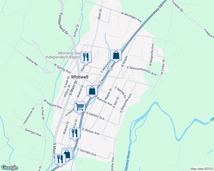 map of restaurants, bars, coffee shops, grocery stores, and more near 13960 Tennessee 28 in Whitwell