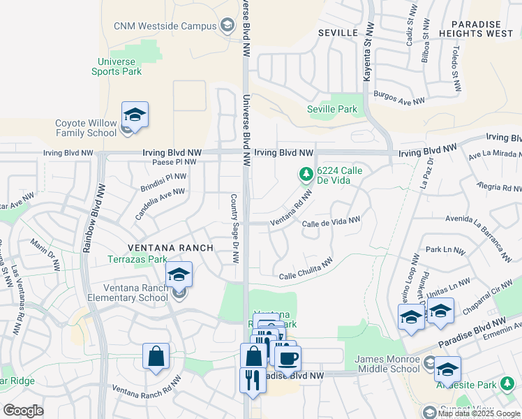 map of restaurants, bars, coffee shops, grocery stores, and more near 6547 Los Pueblos Place Northwest in Albuquerque