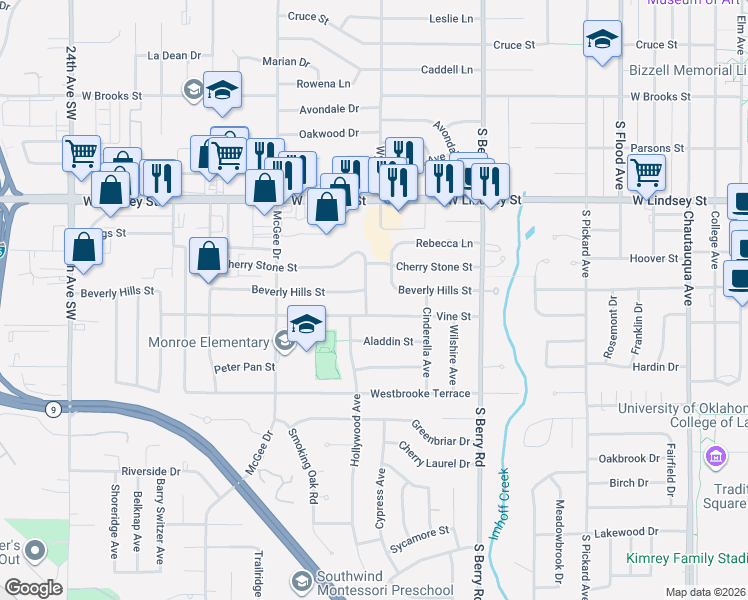 map of restaurants, bars, coffee shops, grocery stores, and more near 1431 Hollywood Avenue in Norman