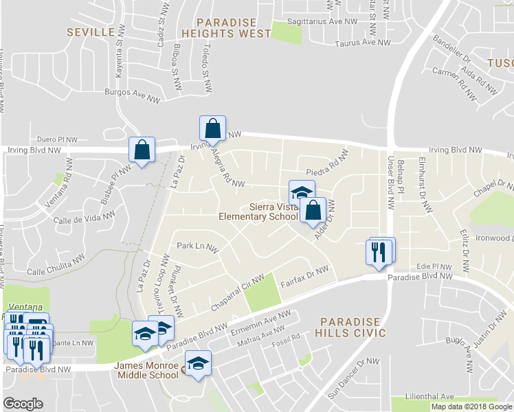 map of restaurants, bars, coffee shops, grocery stores, and more near 5816 Stratford Avenue Northwest in Albuquerque