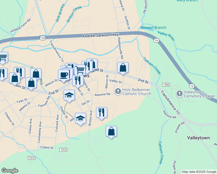 map of restaurants, bars, coffee shops, grocery stores, and more near 125 Macon Street in Andrews