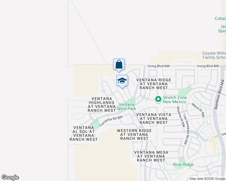 map of restaurants, bars, coffee shops, grocery stores, and more near 10500 Bitter Creek Drive Northwest in Albuquerque