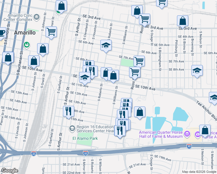 map of restaurants, bars, coffee shops, grocery stores, and more near 1507 SE 11th Ave in Amarillo