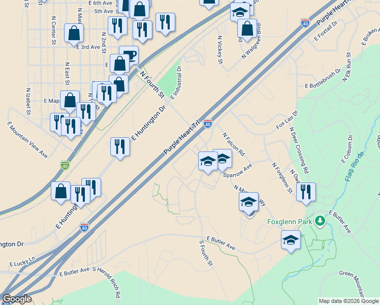 map of restaurants, bars, coffee shops, grocery stores, and more near 1411 North Fourth Street in Flagstaff