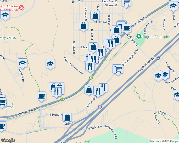 map of restaurants, bars, coffee shops, grocery stores, and more near 1965 East Mountain View Avenue in Flagstaff